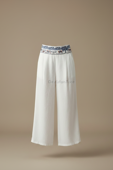 Pantalon Chinois Blanc Ample Brodé Lin Fluide - vue 3