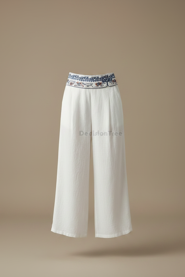 Pantalon Chinois Blanc Ample Brodé Lin Fluide - vue 3